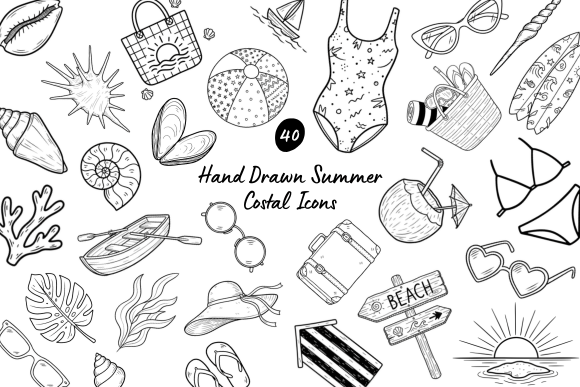Download 40 Hand Drawn Summer Coastal Icons - Hand drawn Collection